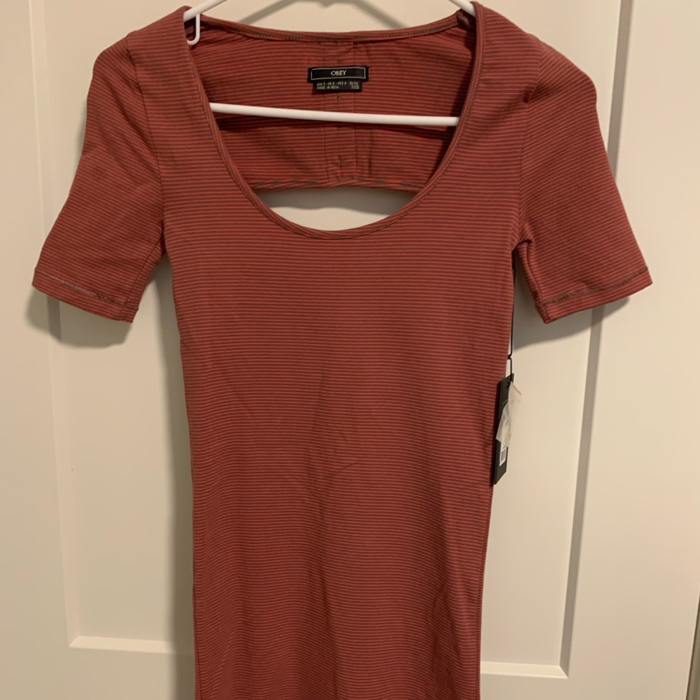 Obey striped red brown mini dress back cutout XXS
